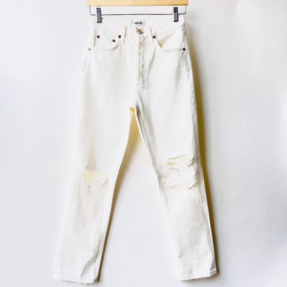 Agolde Riley Cropped Straight-Leg distressed Jeans, white, size 24 - Picture 4 of 11